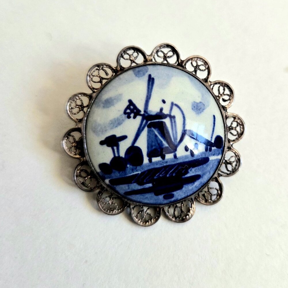 Vintage Delft Dutch porcelain and sterling silver windmill cameo round brooch.
